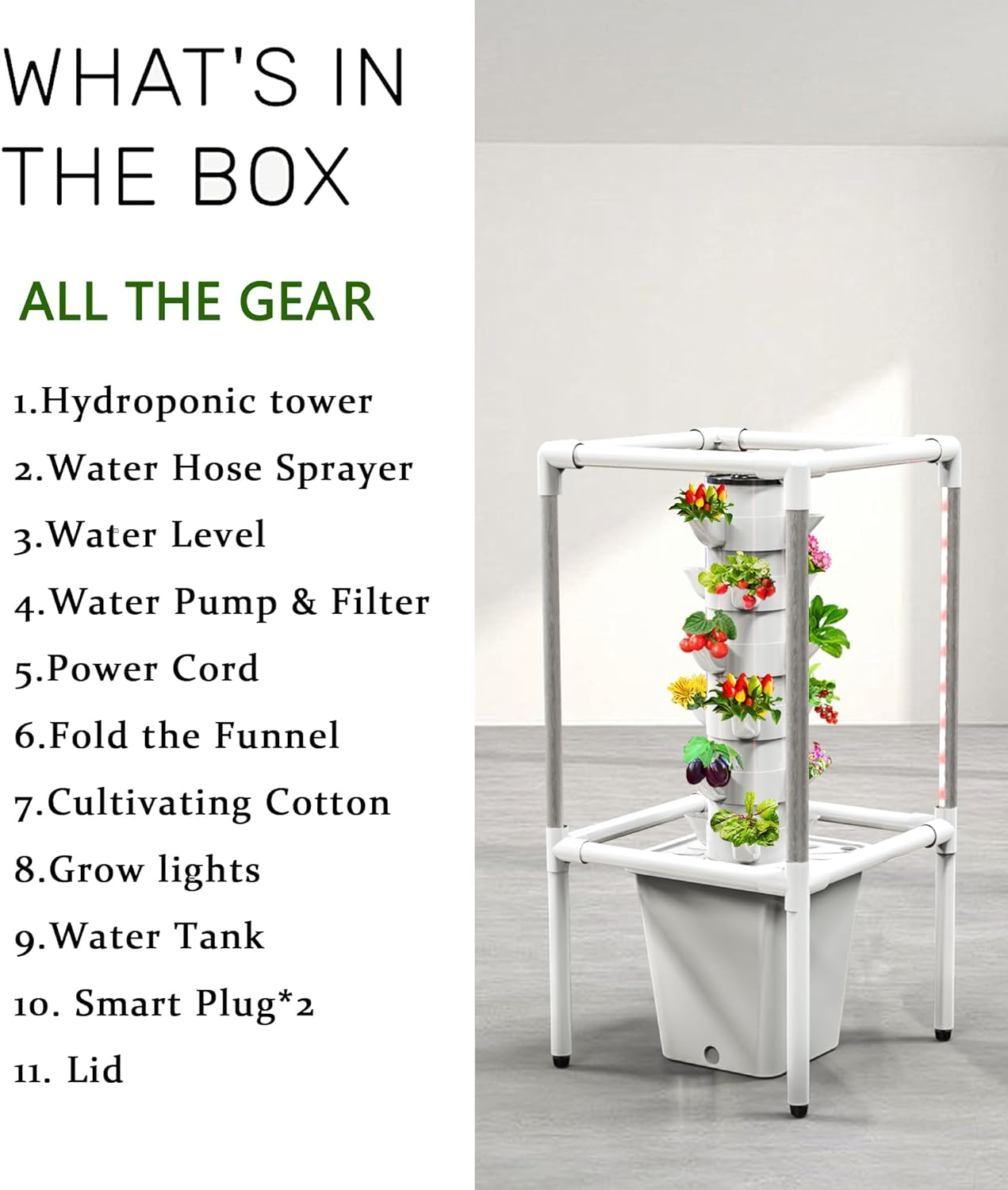 Sjzx Tower Garden Hydroponics Growing System,18-Plant Indoor Vertical Garden with LED Timing Grow Light,Nursery Germination Kit Including Water Level,2Pcs Smart Plug,BPA-Free(No Seedlings Included)